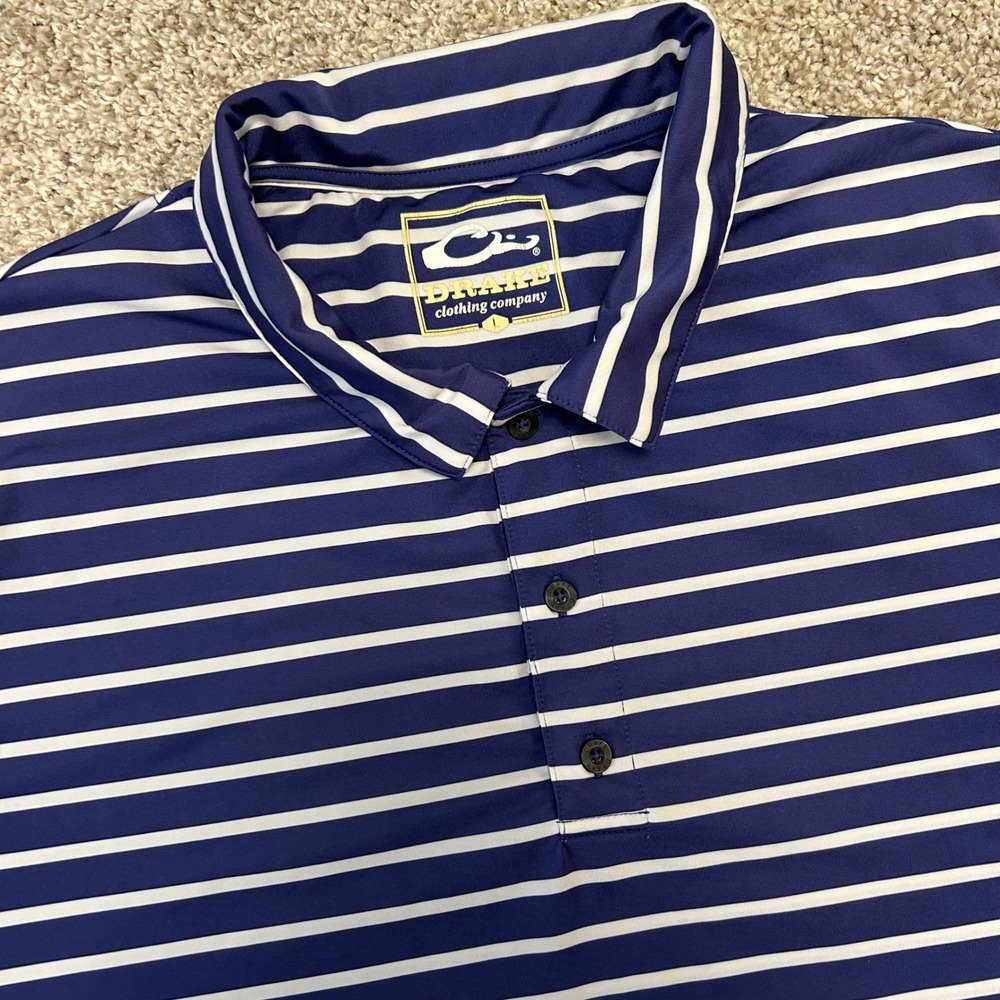 Drake Waterfowl Striped Polo‎ Shirt Men Size Large Blue White Logo Golf
